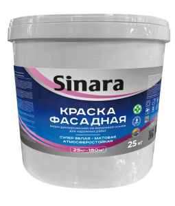 Краска водно-дисперсионная на акриловой основе для наружных работ 25кг, Фасадная, супер белая, матовая атмосферостойкая SINARA Спектр Плюс SP 097