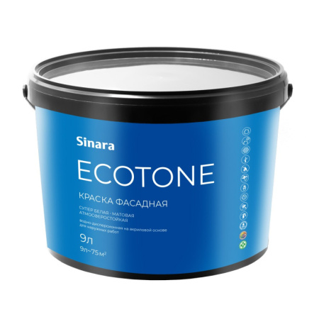 Sinara Ecotone Краска фасадная супер белая (База А),матовая,атмосферостойкая,ВД на акриловой основе для наружных работ,9л Спектр-Плюс SP 064
