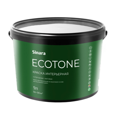 Sinara Ecotone Краска интерьерная супер белая (База А),матовая,атмосферостойкая,ВД на акриловой основе для внутренних работ,9л Спектр-Плюс SP 066