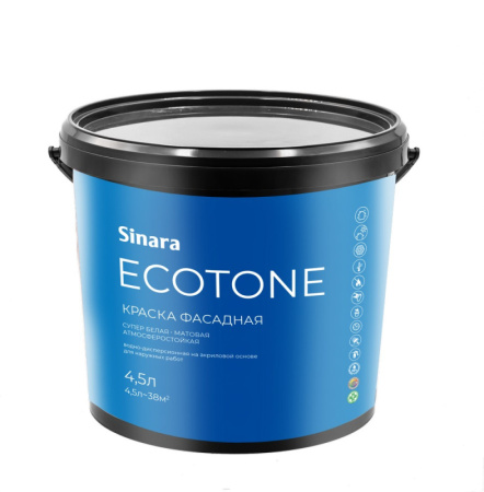 Sinara Ecotone Краска фасадная прозрачная (База С), матовая, атмосферостойкая, водно-дисперсионная на акриловой основе для наружных работ, 4,5л SP 086